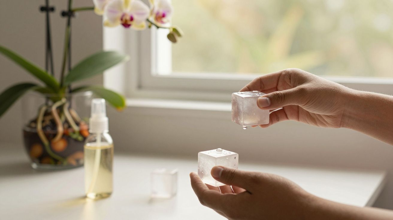Mãos seguram cubos de gelo, com orquídea e spray ao fundo, numa mesa branca junto à janela.
