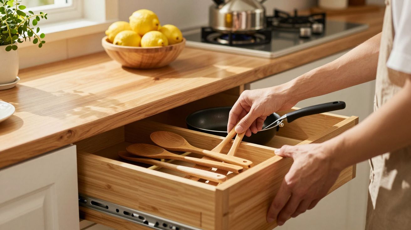 Pessoa abre gaveta com utensílios de cozinha de madeira, panela e limões ao fundo. Cozinha ensolarada e organizada.