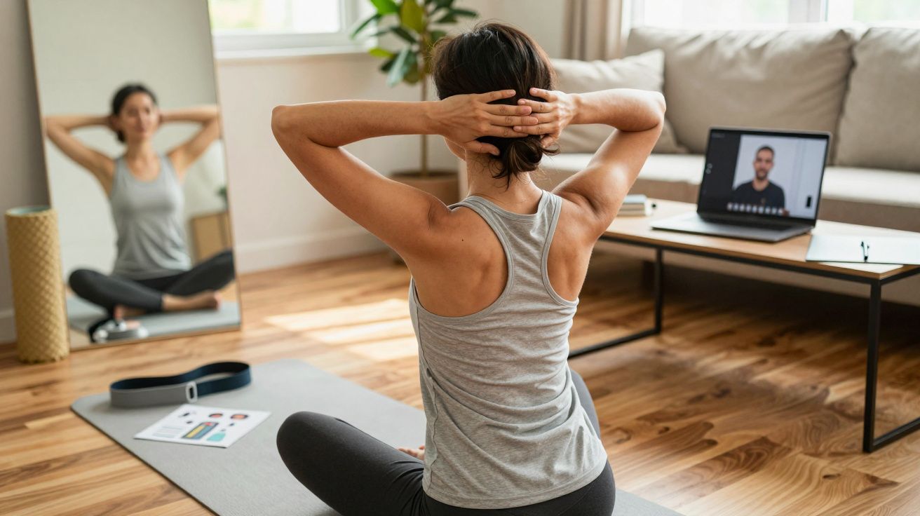 Mulher pratica ioga em casa, sentada no tapete, com laptop mostrando instrutor à sua frente.