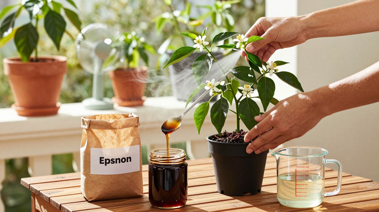 Mãos regam planta num vaso preto com líquido de um frasco, ao lado de um copo medidor e um saco de papel.