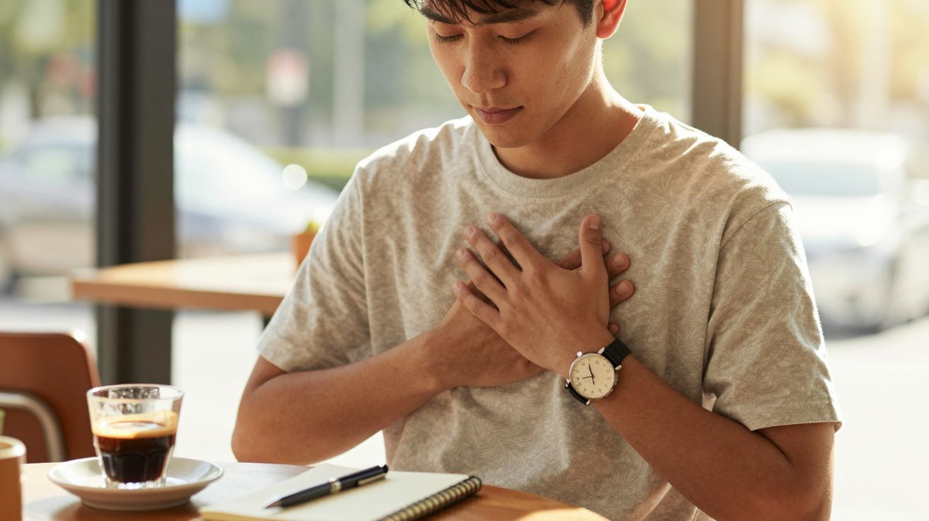 Homem sentado com as mãos no peito, junto a uma mesa com caderno e café.