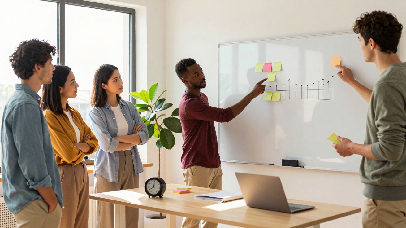 Grupo de cinco pessoas em reunião, usando post-its num quadro branco, junto a uma mesa com portátil e relógio.