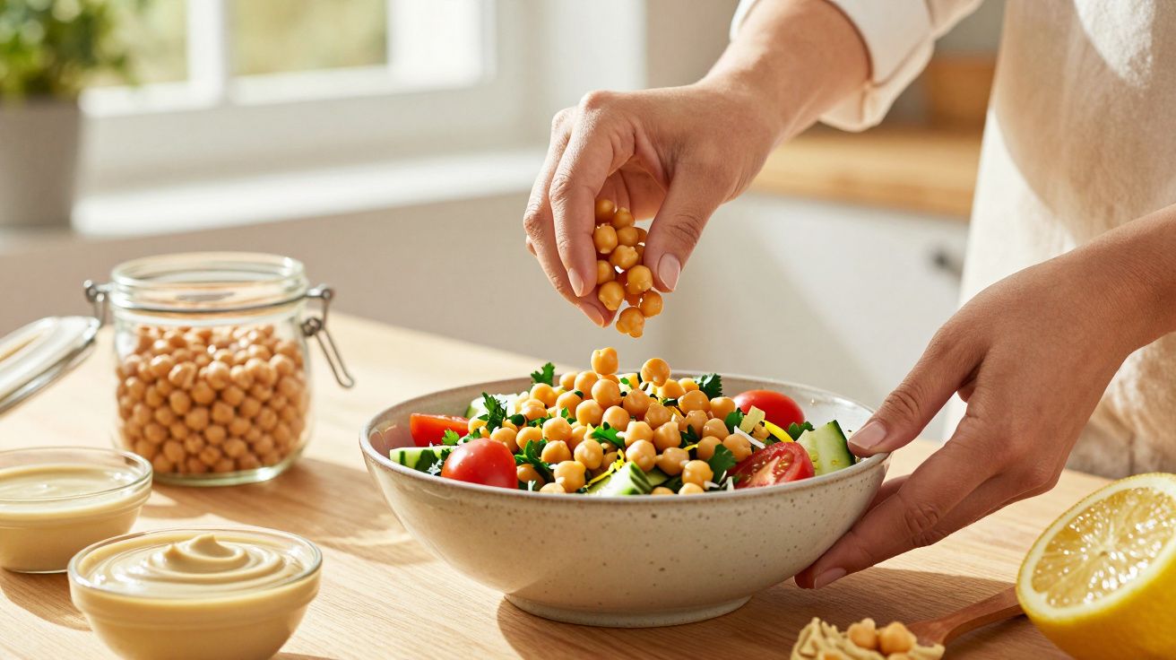 Pessoa adiciona grão-de-bico a uma salada colorida em uma cozinha ensolarada.