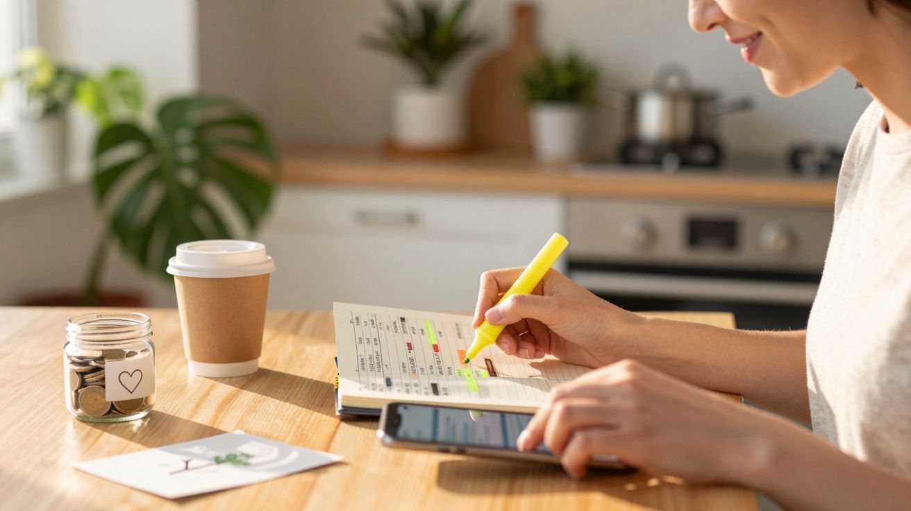 Pessoa a sublinhar notas num caderno numa cozinha, com café e jarro de moedas na mesa.