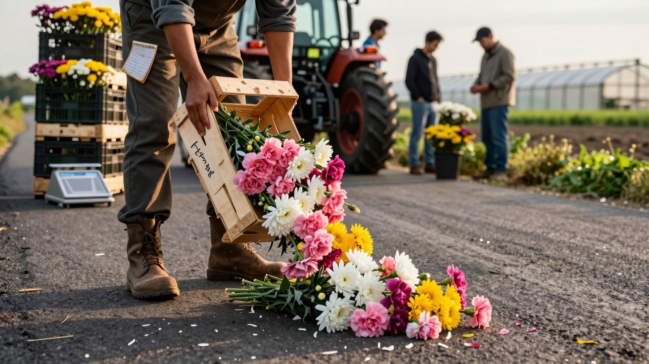 Homem a recolher flores caídas na estrada junto a um trator, com pessoas e estufas ao fundo.