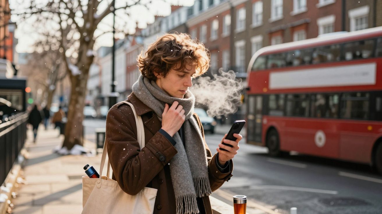 Homem com cachecol vê telemóvel numa rua de Londres, com autocarro vermelho ao fundo e vapor ao exalar.
