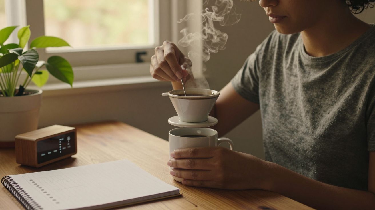 Pessoa preparando café de filtro manual em mesa de madeira, ao lado de caderno e relógio, com planta ao fundo.