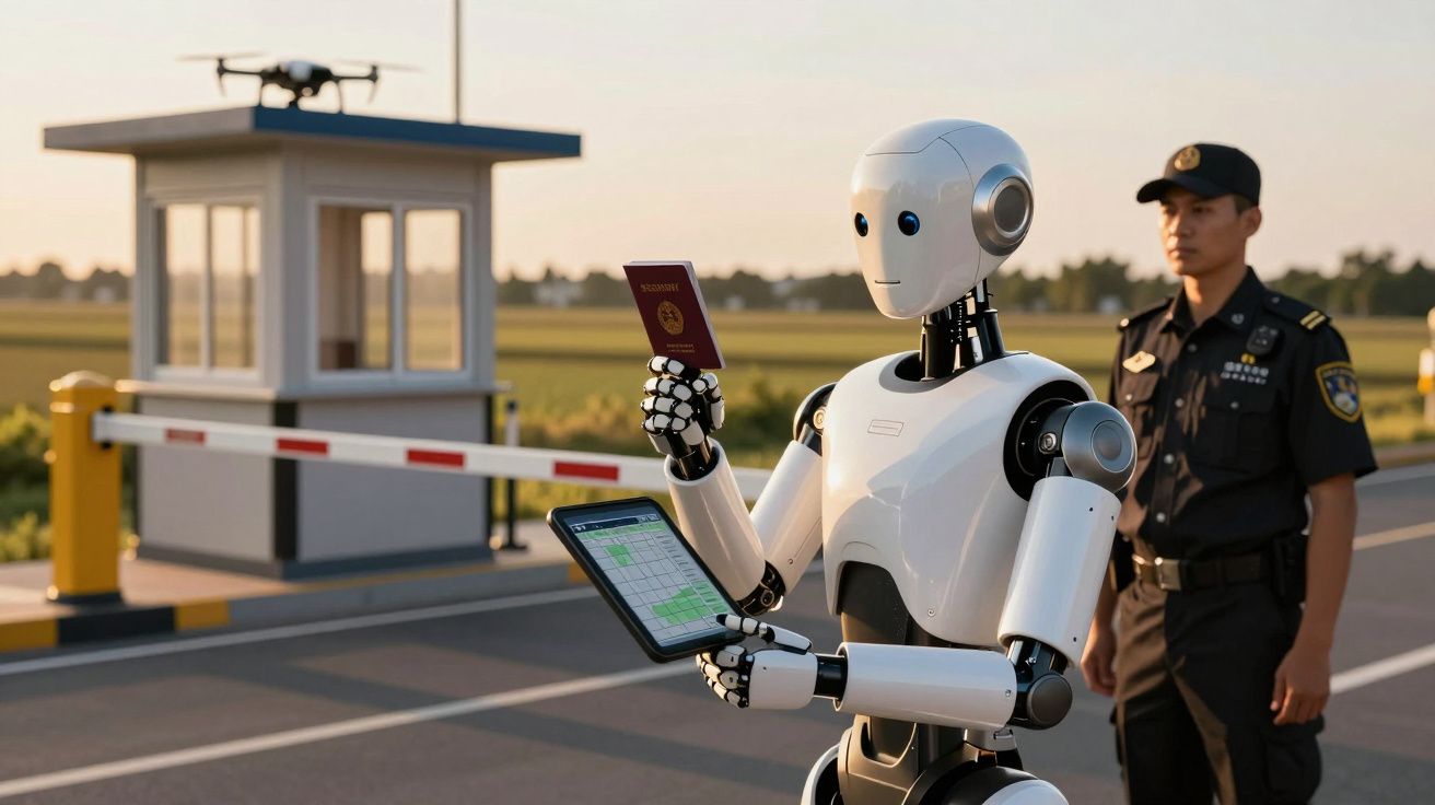 Robô segura passaporte e tablet numa fronteira, com um segurança ao fundo, próximo a uma cabine de controlo.