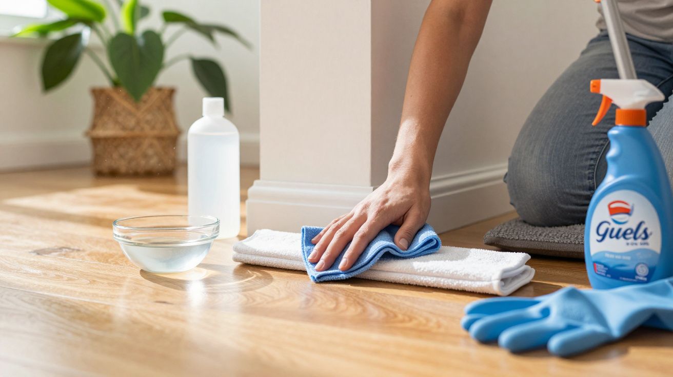 Pessoa a limpar o chão de madeira com pano azul e produtos de limpeza ao lado, incluindo luvas e recipiente com líquido.