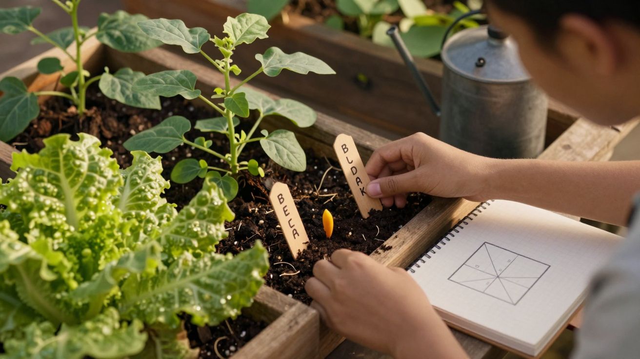 Pessoa jardina em canteiro de madeira com etiquetas de plantas e regador ao fundo.