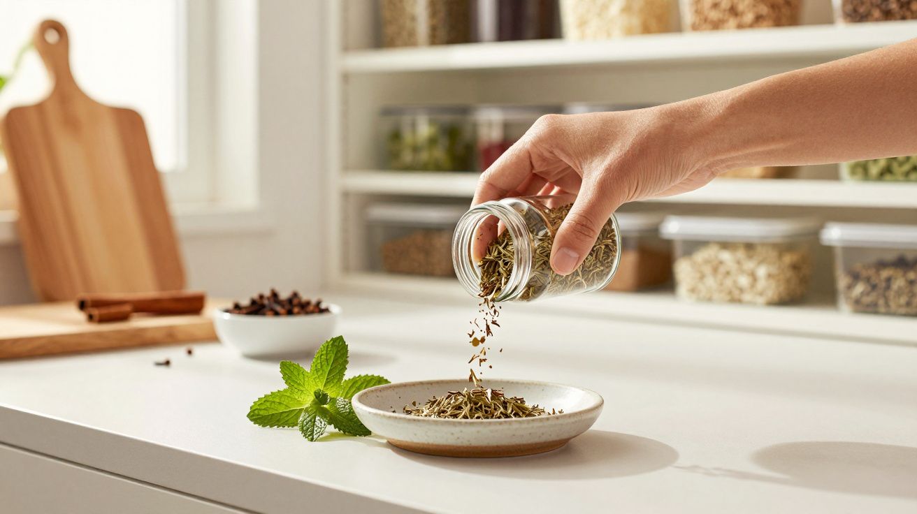 Mão despejando ervas secas num prato branco, com hortelã ao lado, em cozinha com frascos de especiarias ao fundo.