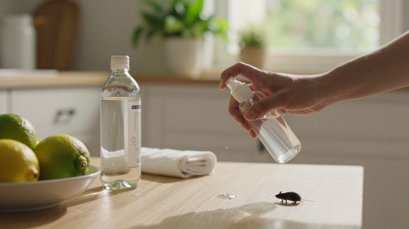 Pessoa borrifa spray num rato numa bancada de cozinha, com limões e garrafa de água ao lado.