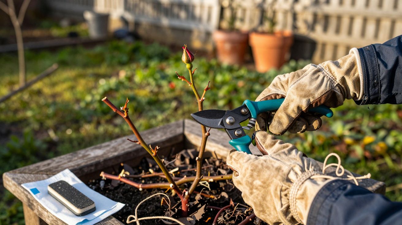 Mãos com luvas de jardinagem podam roseira num vaso de madeira, com podão azul e pedra de afiar ao lado.