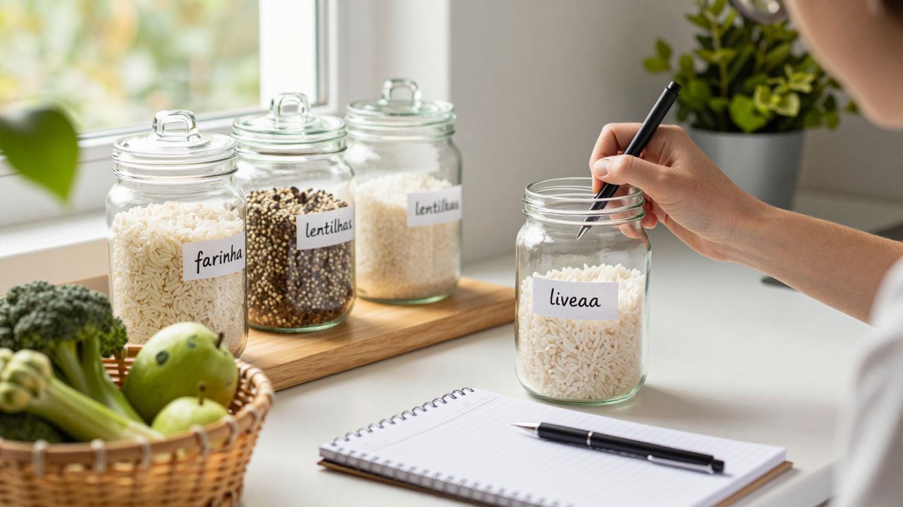 Pessoa escreve em pote de vidro com arroz, ao lado de frascos com farinha e lentilhas, caderno e fruta.