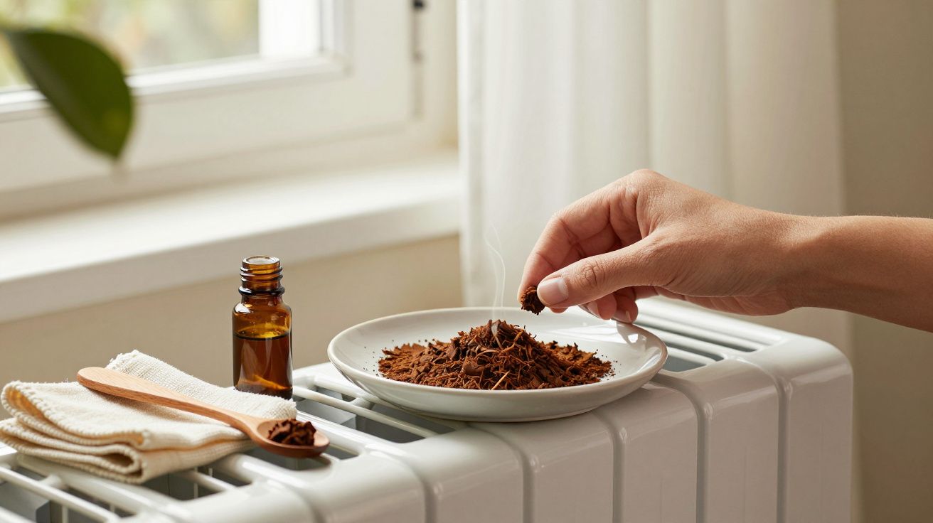 Mão colocando ervas secas num prato sobre um aquecedor, com frasco de óleo essencial e colher em pano ao lado.