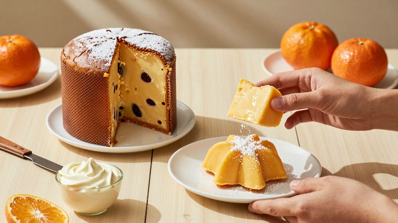 Mesa com panetone cortado, tangerinas, creme e uma fatia de bolo em prato branco. Mãos seguram um pedaço de bolo.