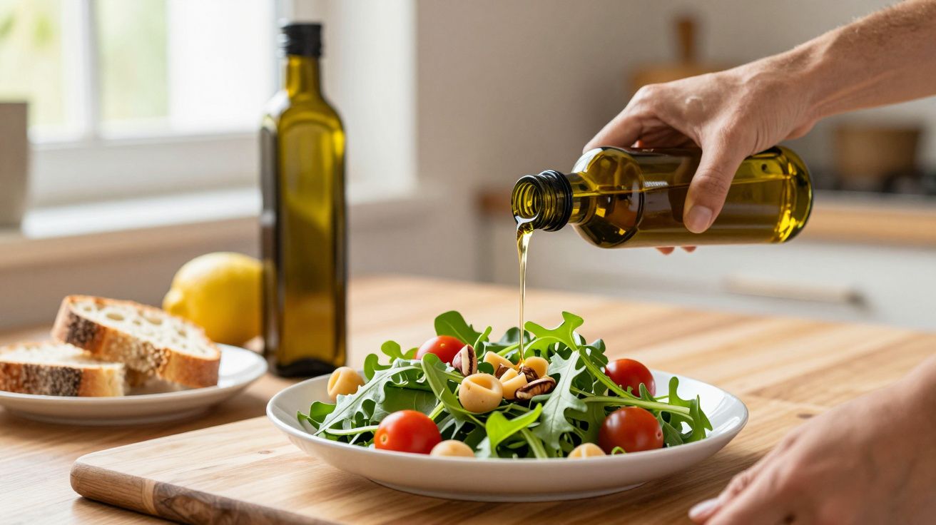Pessoa a regar salada de rúcula e tomate com azeite, numa cozinha com pão e limão ao fundo.