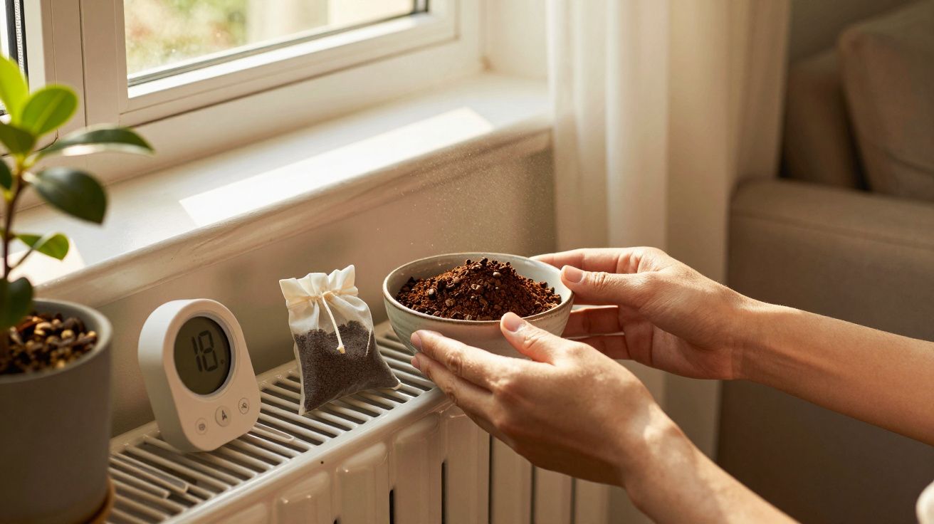 Mãos segurando uma tigela de café moído perto de uma janela. Relógio e saquinho decorativo sobre o aquecedor.