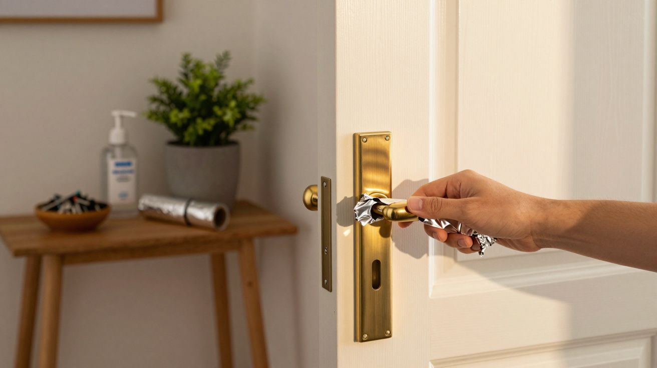 Mão segurando maçaneta dourada de porta com lenço, mesa ao fundo com álcool gel e planta.