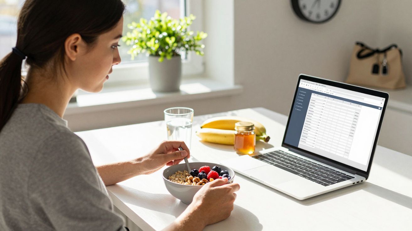 Mulher sentada à mesa, a comer cereais com fruta, enquanto trabalha num portátil, com bananas e mel ao lado.