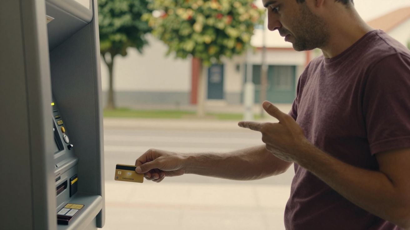 Homem insere cartão de crédito num multibanco em ambiente urbano.