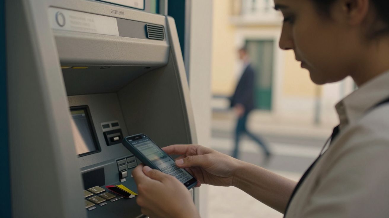 Mulher verifica telemóvel junto a um multibanco na rua, com homem desfocado ao fundo.