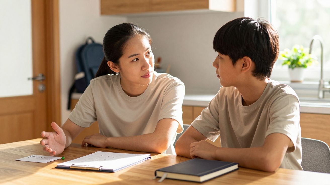 Mulher e criança conversam à mesa da cozinha, com cadernos à frente, em ambiente iluminado por luz natural.