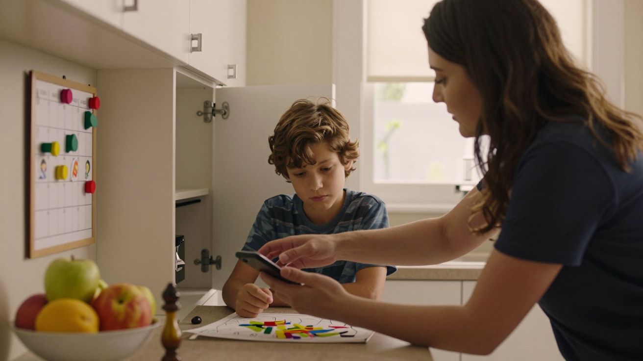 Mulher ajuda criança em atividade escolar numa cozinha, com frutas numa taça ao lado.