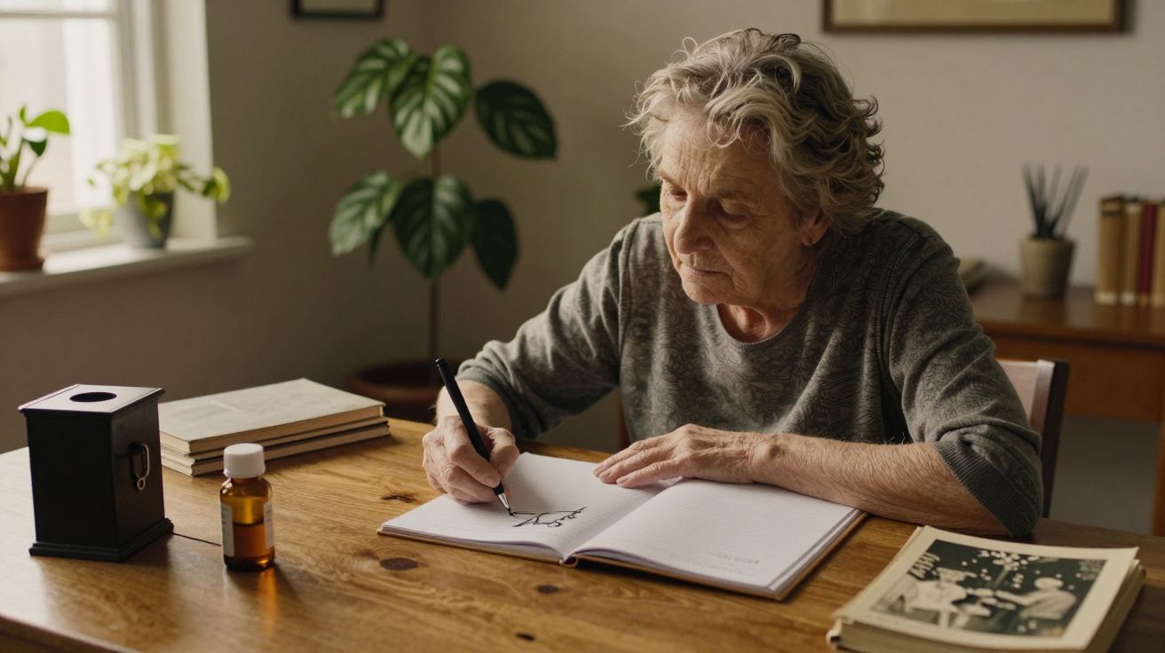 Idosa escrevendo em caderno numa mesa de madeira, com plantas ao fundo e livros empilhados.