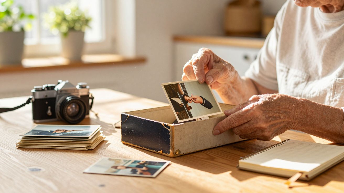 Pessoa idosa revendo fotografias antigas em caixa de madeira, com caderno aberto e câmara fotográfica sobre a mesa.