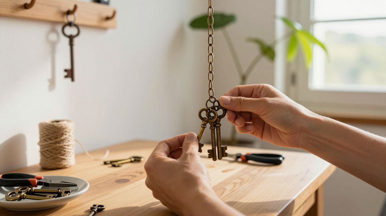 Mãos seguram chaveiro de chaves antigas ao lado de uma mesa de madeira com ferramentas e decorações.