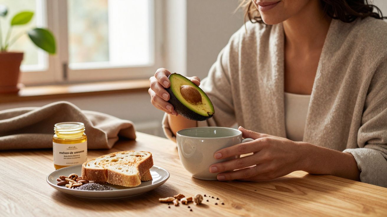 Mulher segura abacate e chá sentado à mesa, com pão e frutos secos ao lado.