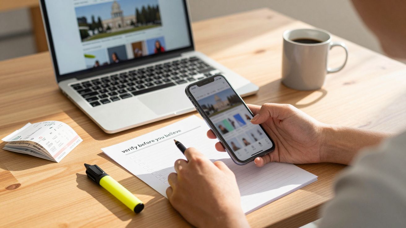 Pessoa a usar smartphone e portátil numa mesa com caneta, marcador amarelo, bilhete e chávena de café.
