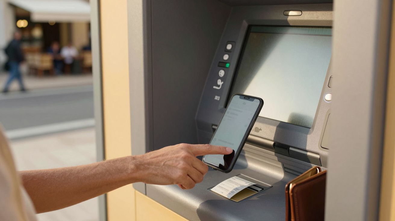 Pessoa a interagir com multibanco usando smartphone, e comprovativo a sair da máquina.