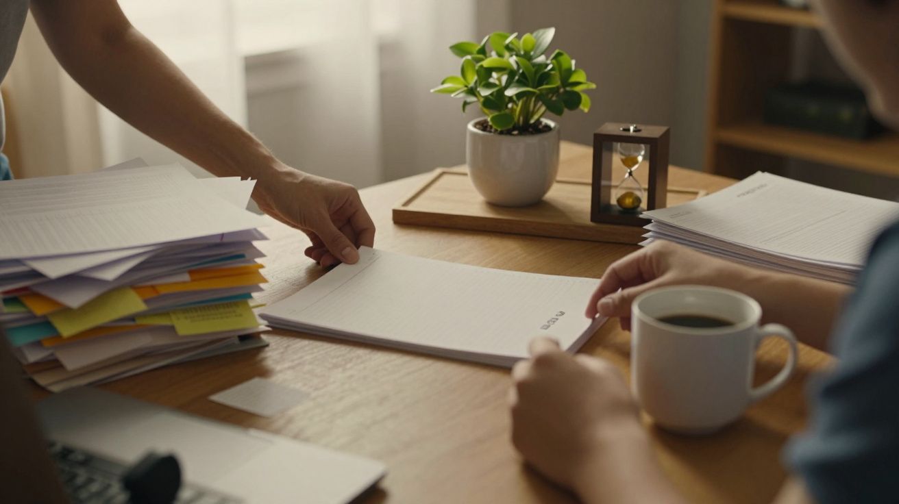 Duas pessoas organizam papéis numa mesa de madeira, com uma planta, ampulheta e chávena de café.