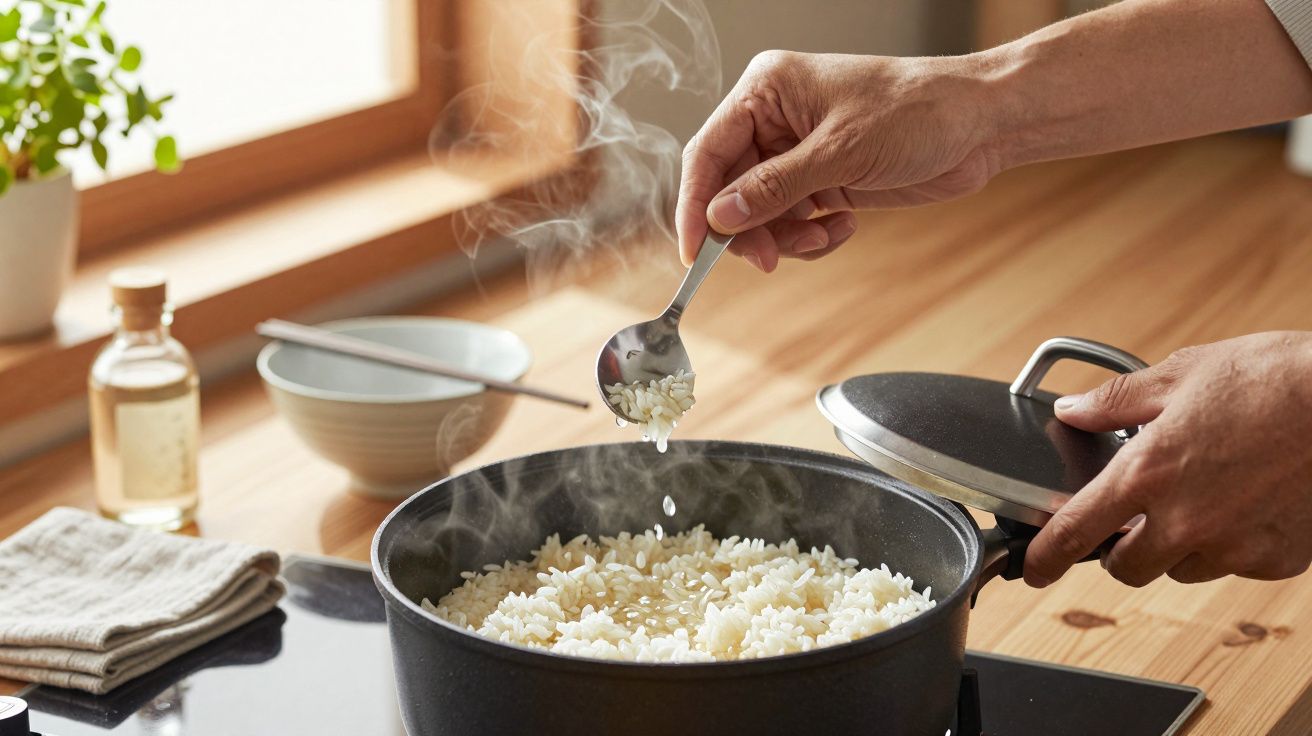 Mão segurando colher mexe arroz numa panela preta com vapor, sobre bancada de madeira, ao lado de alimentos e louça.