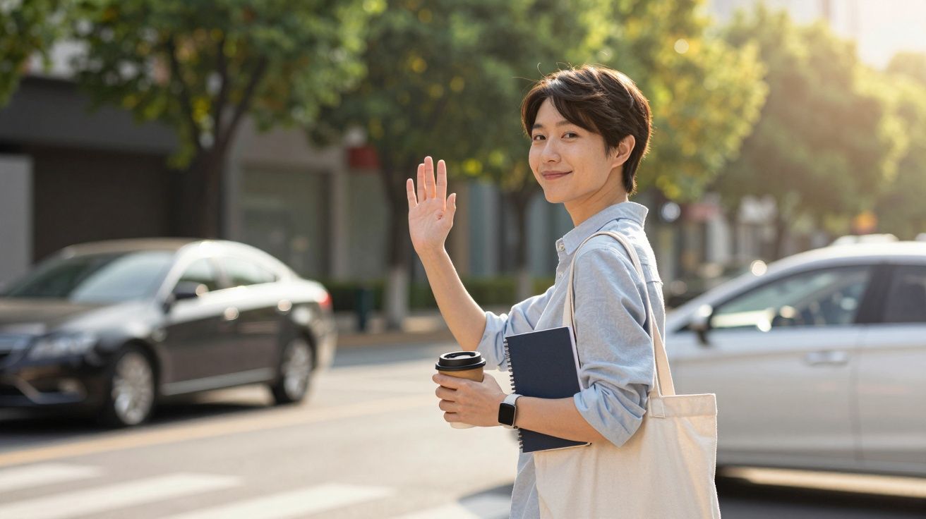 Pessoa a caminhar na rua, segurando um café e um caderno, acena e sorri, carros e árvores ao fundo.