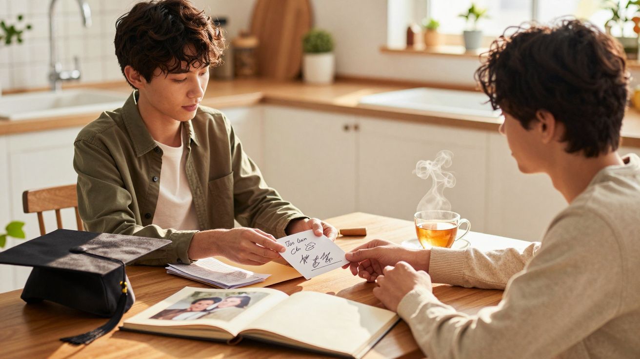 Dois homens sentados à mesa de madeira, olhando fotos e segurando um cartão, chapéu de formatura ao lado.