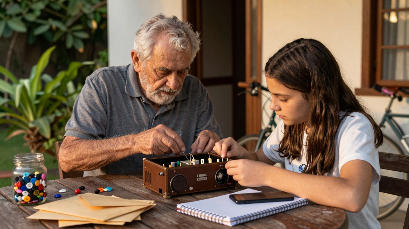 Homem idoso e menina consertam rádio antigo numa mesa ao ar livre, rodeados de botões e cadernos.