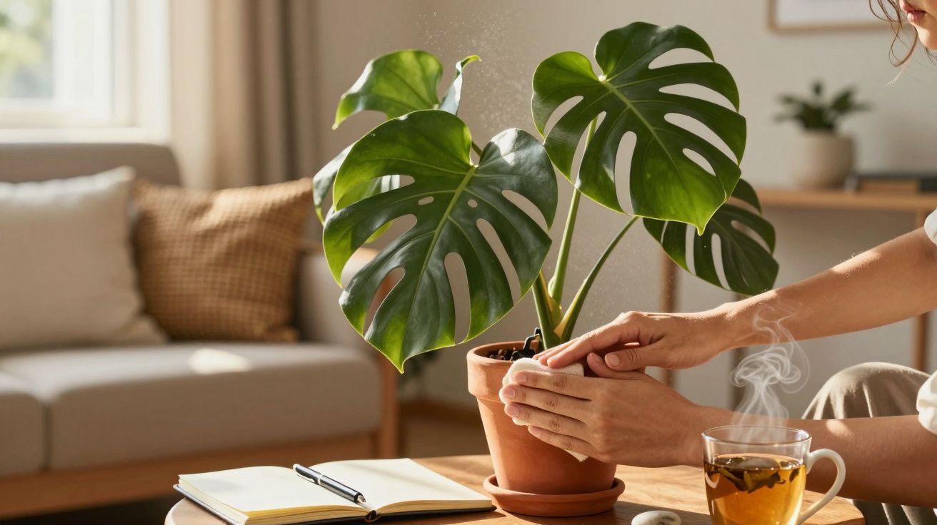 Pessoa cuidando de uma planta Monstera em vaso sobre mesa com chá e bloco de notas, numa sala de estar iluminada.