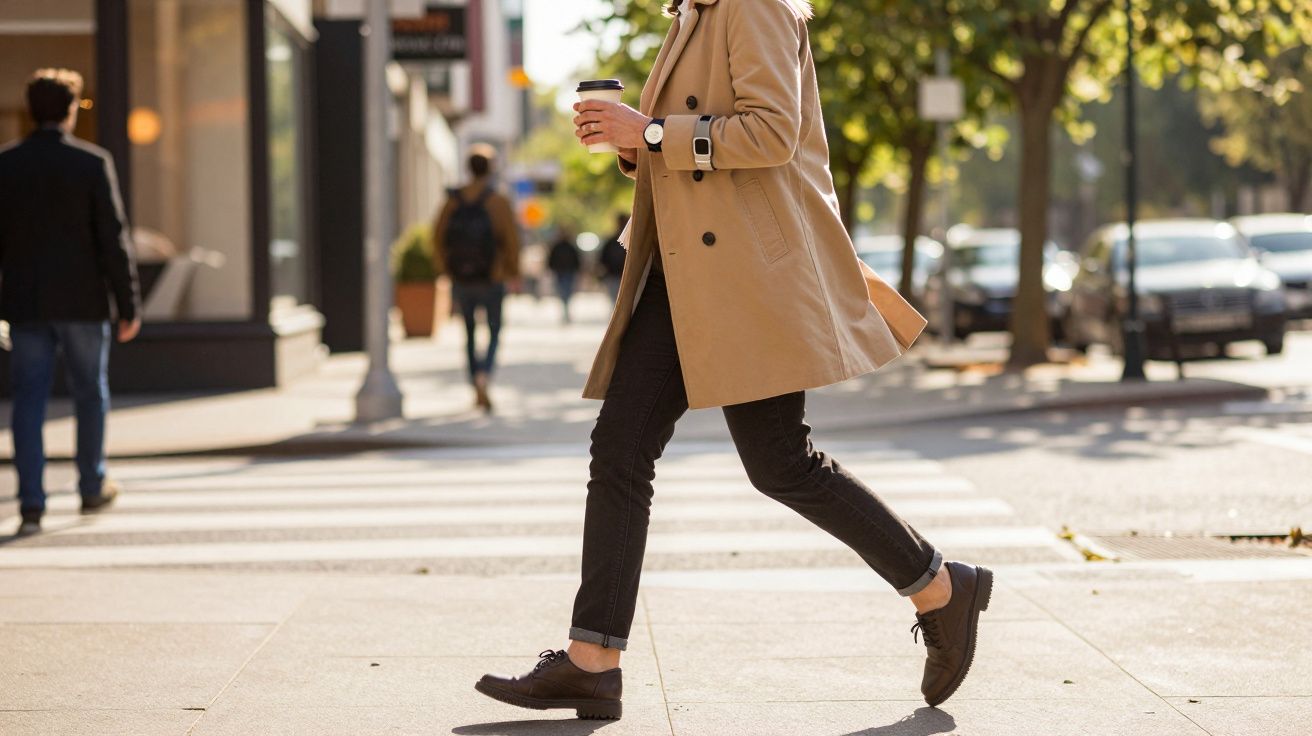 Pessoa a caminhar numa rua urbana, usando casaco bege e segurando café. Feito no outono, árvores ao fundo.