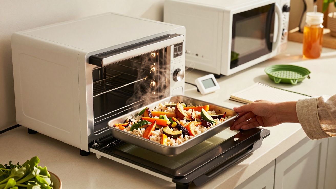 Pessoa retira tabuleiro de legumes assados do forno, numa cozinha moderna.