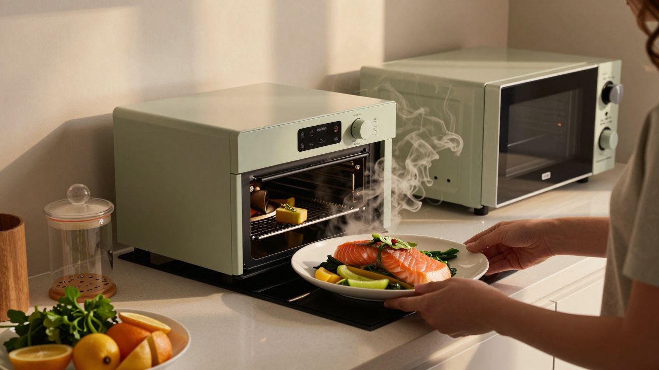 Mulher segura prato com salmão e legumes em frente a um forno elétrico em funcionamento, numa bancada de cozinha.