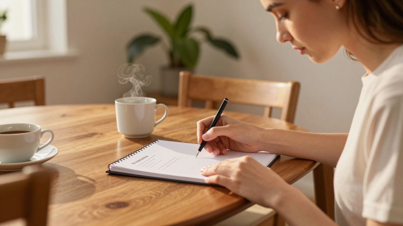 Mulher escreve num caderno à mesa, ao lado de uma chávena de café fumegante, com plantas ao fundo.