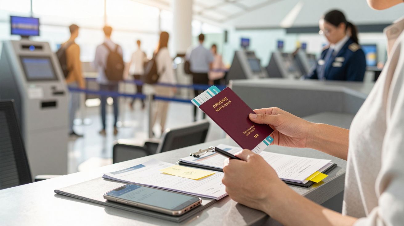 Pessoa a segurar passaporte e cartão de embarque no balcão do aeroporto com fila de passageiros ao fundo.