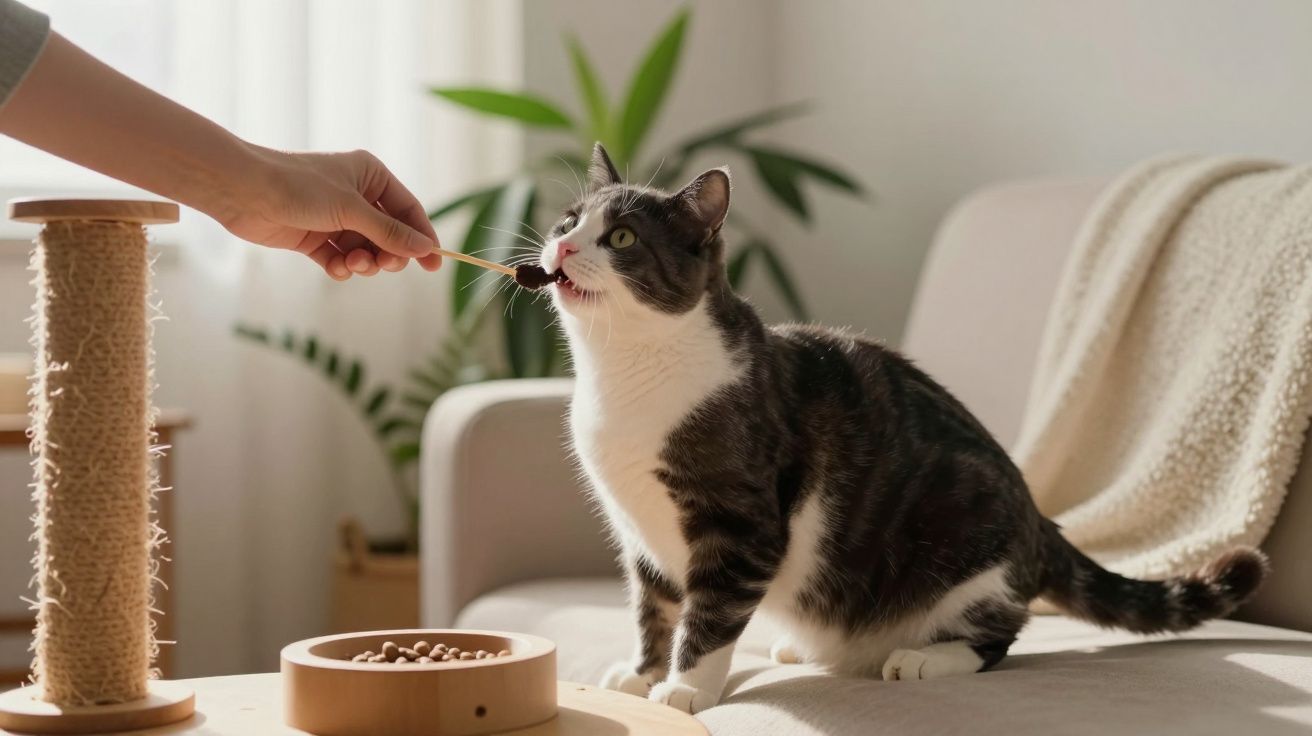 Gato sentado num sofá, a receber uma guloseima de uma mão. Ao lado, um arranhador e plantas ao fundo.