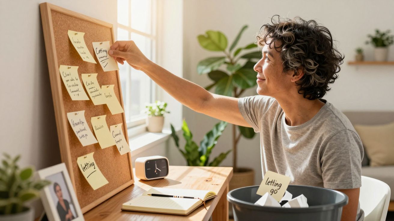 Pessoa a organizar notas adesivas num quadro de cortiça, sentado numa secretária junto a uma janela, com plantas ao fundo.