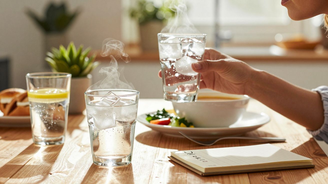 Mão segurando copo com gelo à mesa, próximo a comida e bloco de notas. Outros copos com limão e gelo ao fundo.