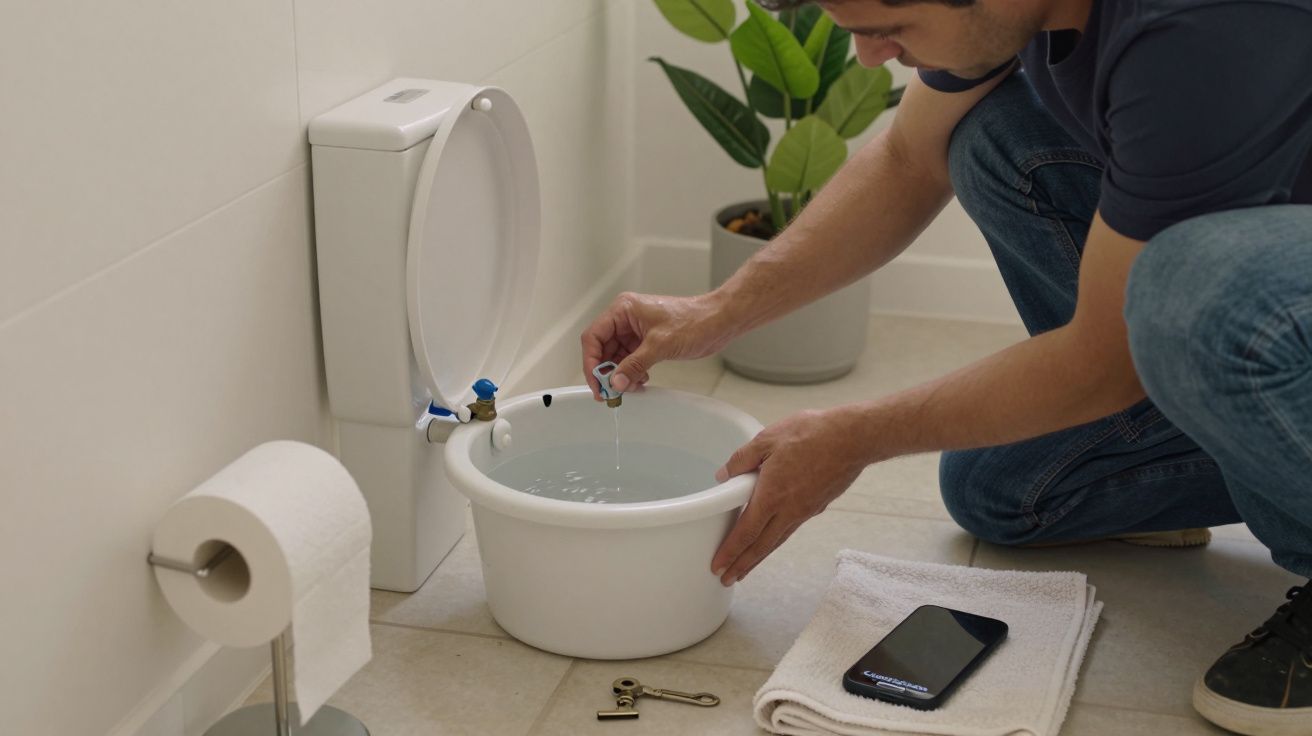 Homem ajoelhado a encher balde de água junto a sanita; telemóvel e chave no chão ao lado de toalha dobrada.