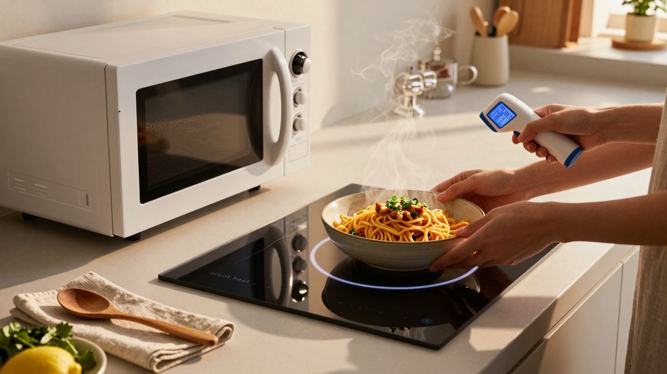 Pessoa mede temperatura de tigela de massa a ferver em placa de indução ao lado de um micro-ondas branco.